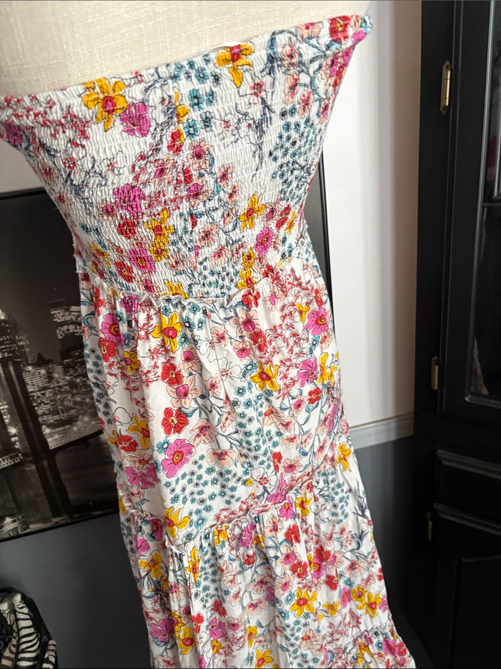 Floral Smocked Strapless Maxi Dress - White/Pink/Yellow - Picture 2 of 3